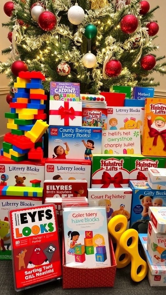 A collection of Christmas gifts for young children, including toys and books, under a Christmas tree.